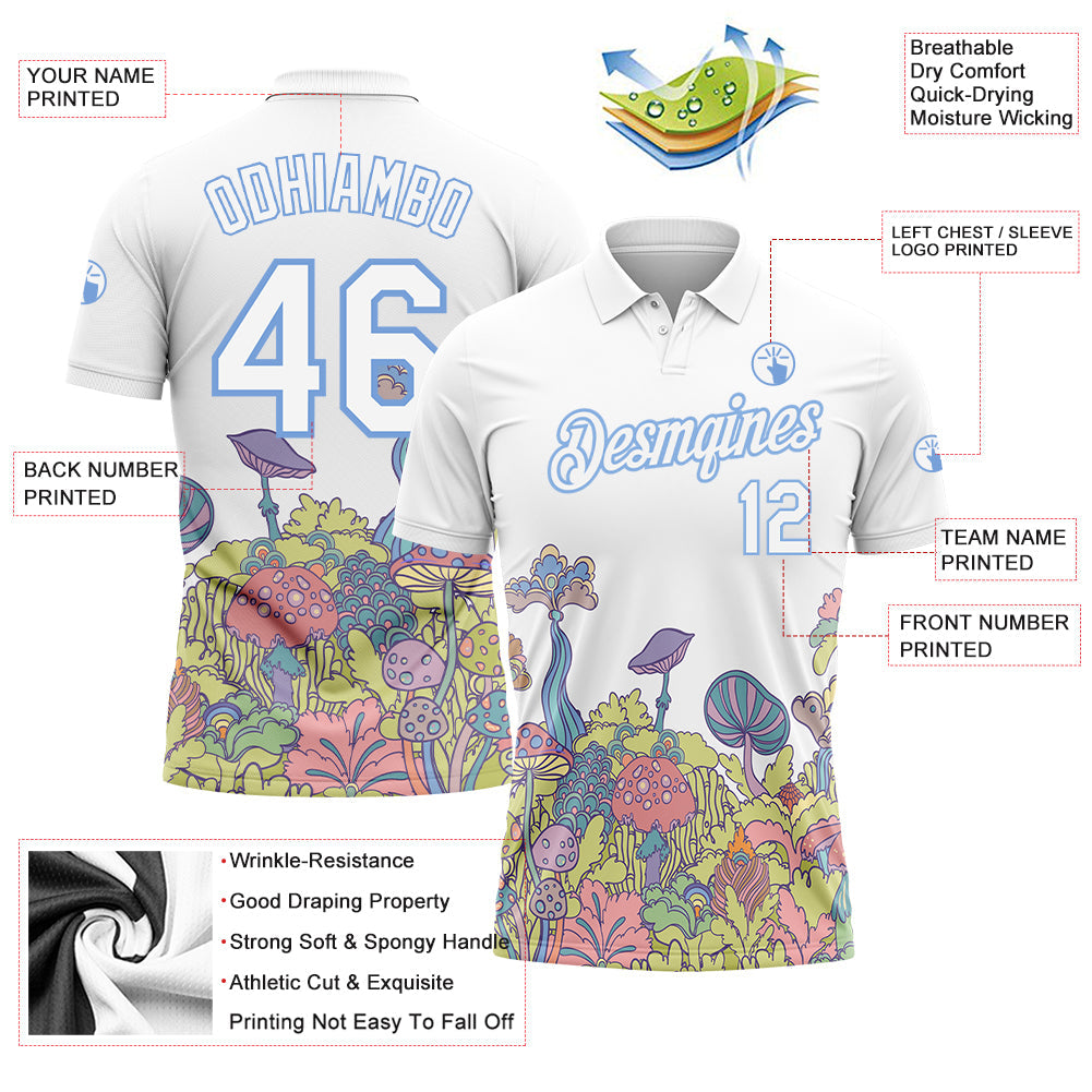 Custom White Light Blue 3D Pattern Design Colorful Flowers And Mushrooms Psychedelic Hallucination Performance Golf Polo Shirt view 3