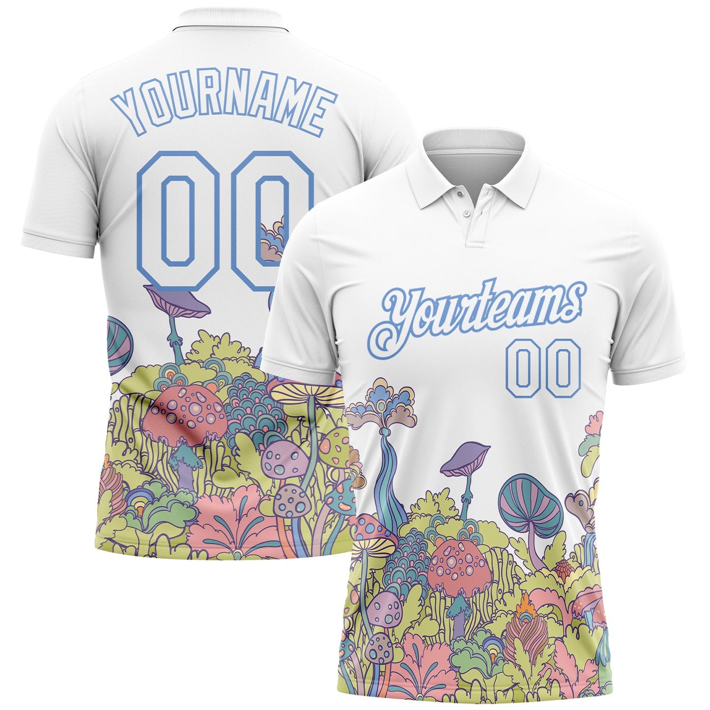 Custom White Light Blue 3D Pattern Design Colorful Flowers And Mushrooms Psychedelic Hallucination Performance Golf Polo Shirt - Main View