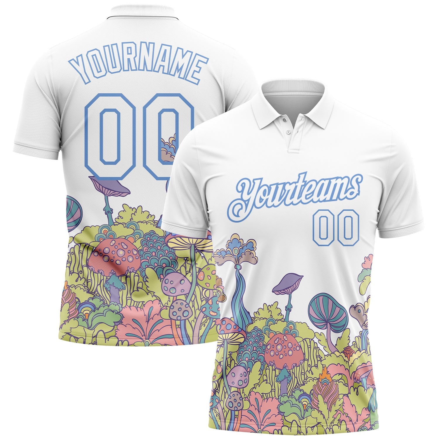 Custom White Light Blue 3D Pattern Design Colorful Flowers And Mushrooms Psychedelic Hallucination Performance Golf Polo Shirt - Main View