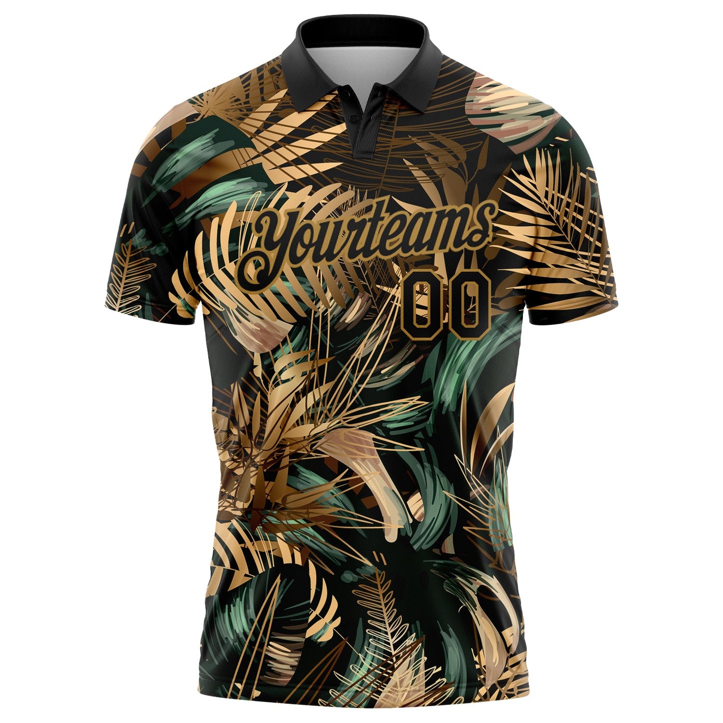 Custom Black Old Gold 3D Pattern Design Golden And Green Tropical Leaves In The Style Of Jungle And Hawaii Performance Golf Polo Shirt view 2