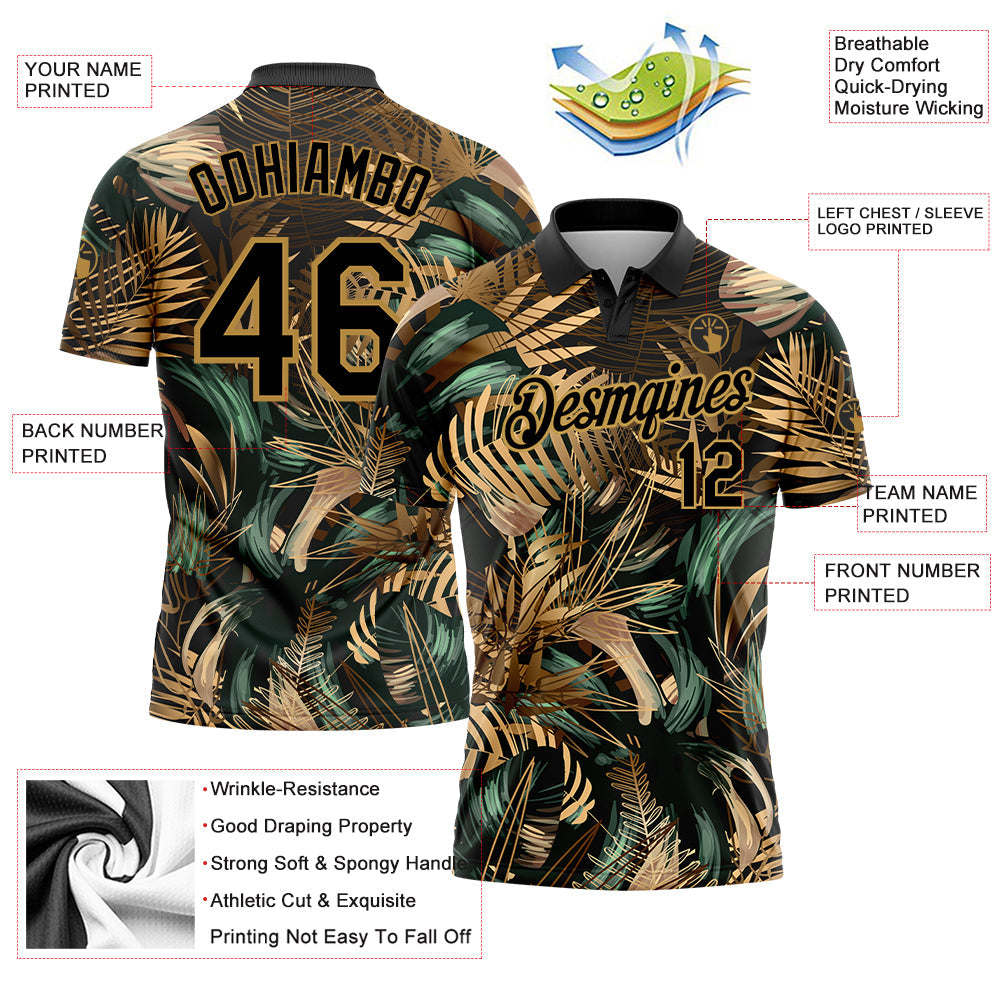 Custom Black Old Gold 3D Pattern Design Golden And Green Tropical Leaves In The Style Of Jungle And Hawaii Performance Golf Polo Shirt view 3
