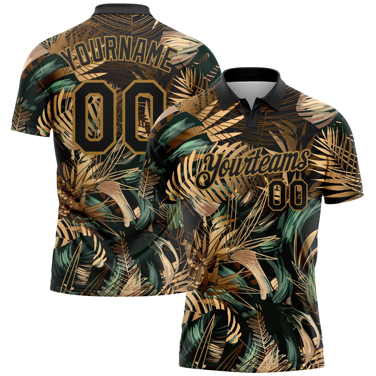 Custom Black Old Gold 3D Pattern Design Golden And Green Tropical Leaves In The Style Of Jungle And Hawaii Performance Golf Polo Shirt - Main View
