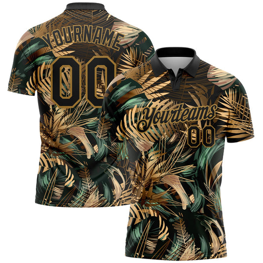 Custom Black Old Gold 3D Pattern Design Golden And Green Tropical Leaves In The Style Of Jungle And Hawaii Performance Golf Polo Shirt - Main View
