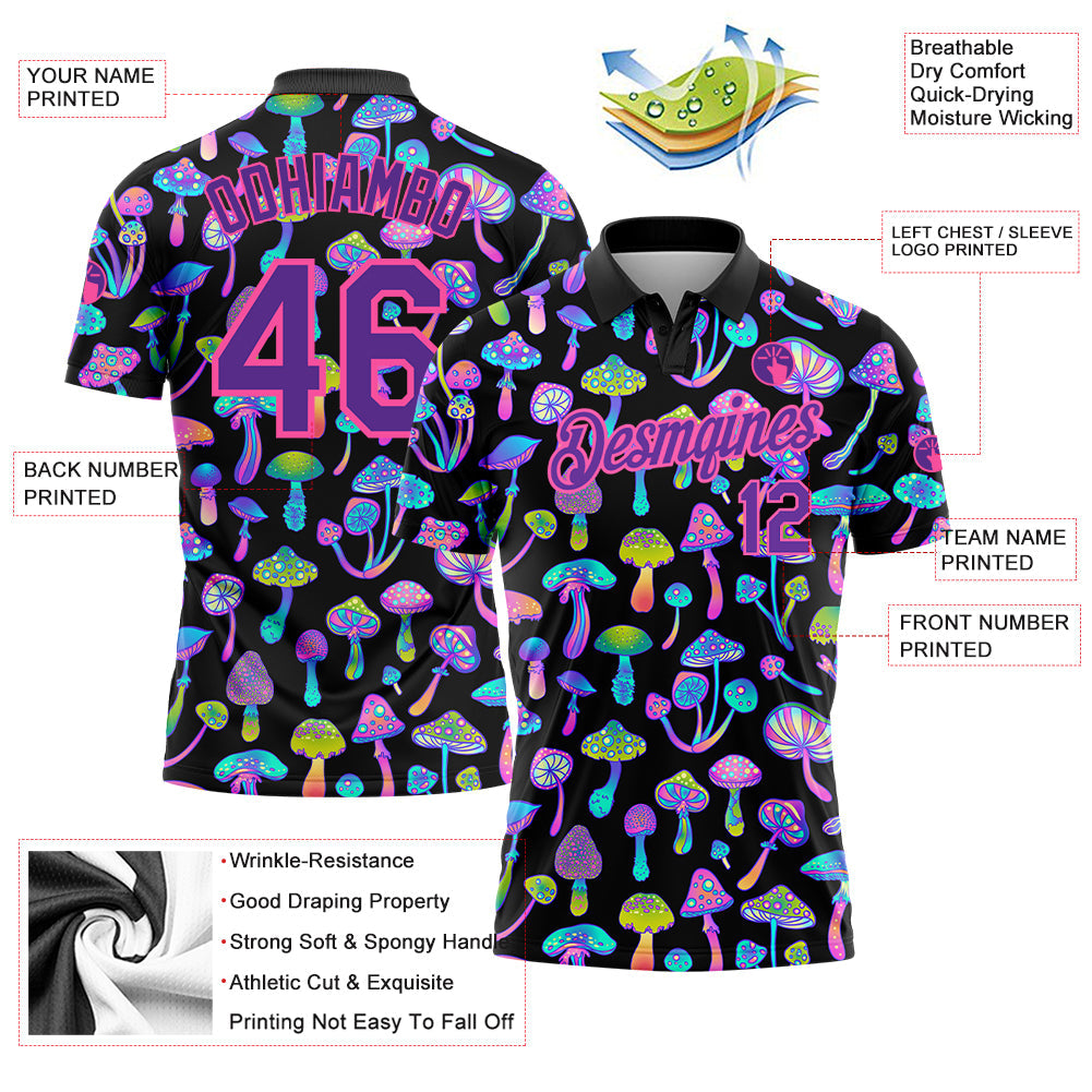 Custom Black Purple-Pink 3D Pattern Design Magic Mushrooms Psychedelic Hallucination Performance Golf Polo Shirt view 3