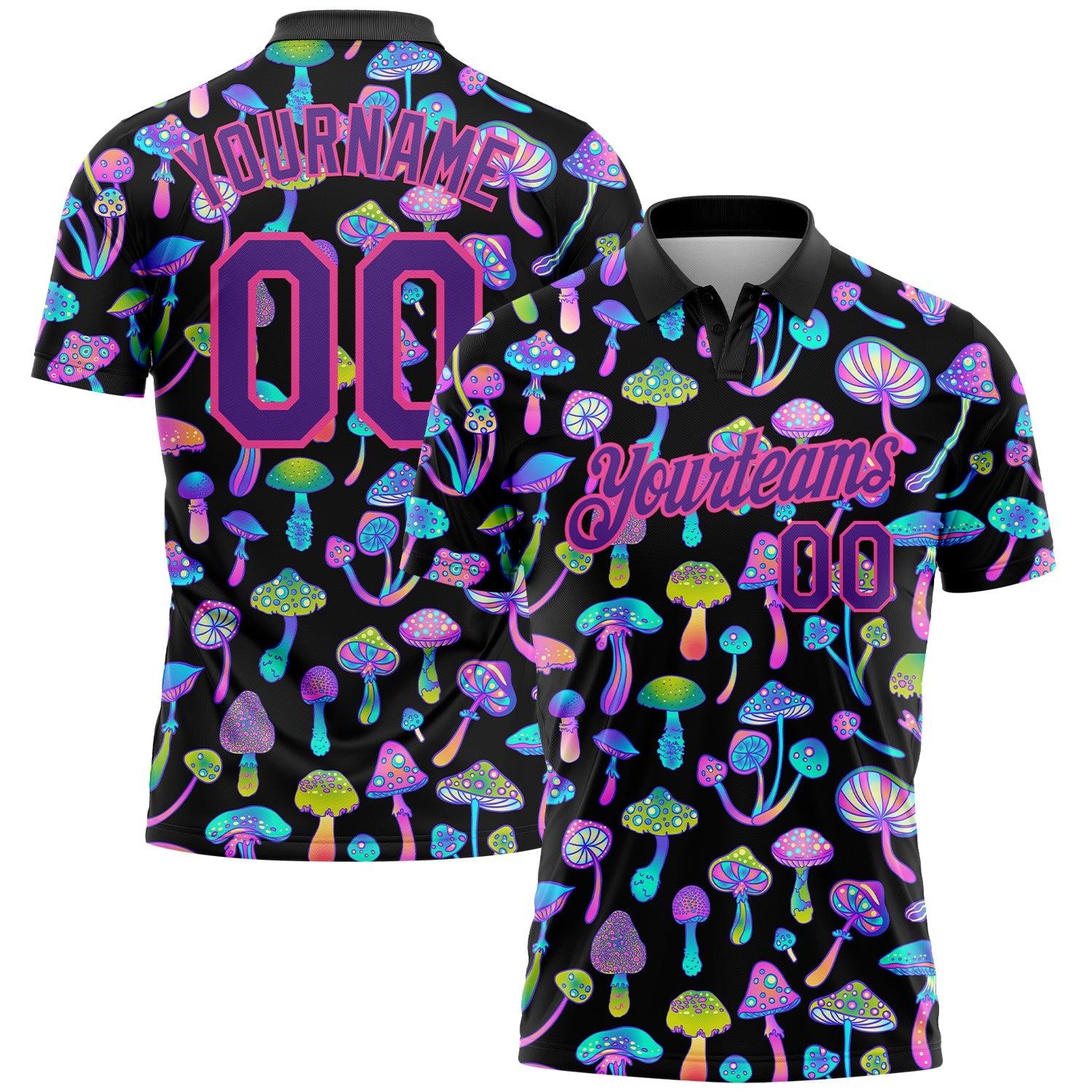 Custom Black Purple-Pink 3D Pattern Design Magic Mushrooms Psychedelic Hallucination Performance Golf Polo Shirt - Main View