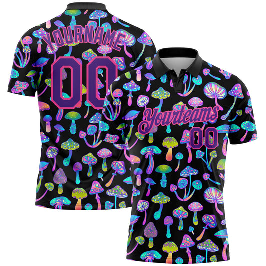 Custom Black Purple-Pink 3D Pattern Design Magic Mushrooms Psychedelic Hallucination Performance Golf Polo Shirt - Main View
