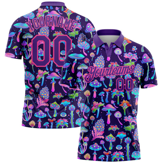 Custom Purple Pink 3D Pattern Design Magic Mushrooms Psychedelic Hallucination Performance Golf Polo Shirt - Main View