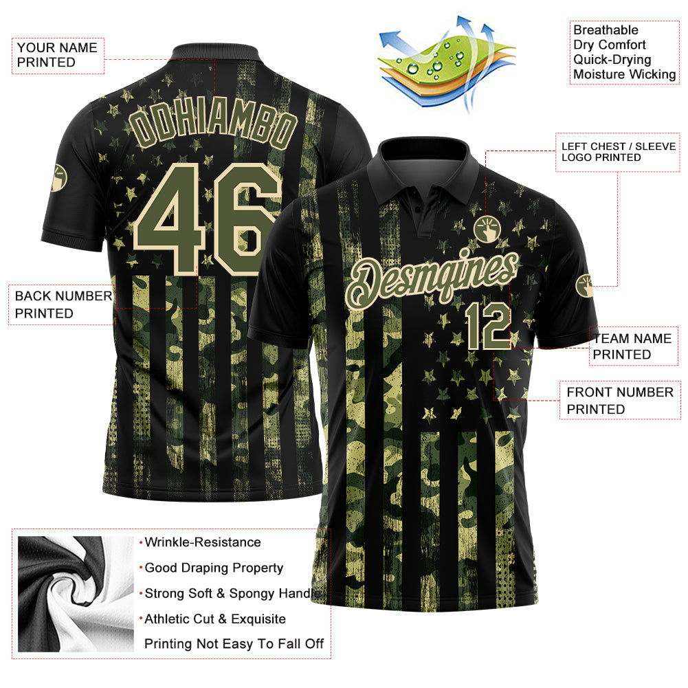 Custom Camo Olive-Cream 3D American Flag Performance Salute To Service Golf Polo Shirt view 3