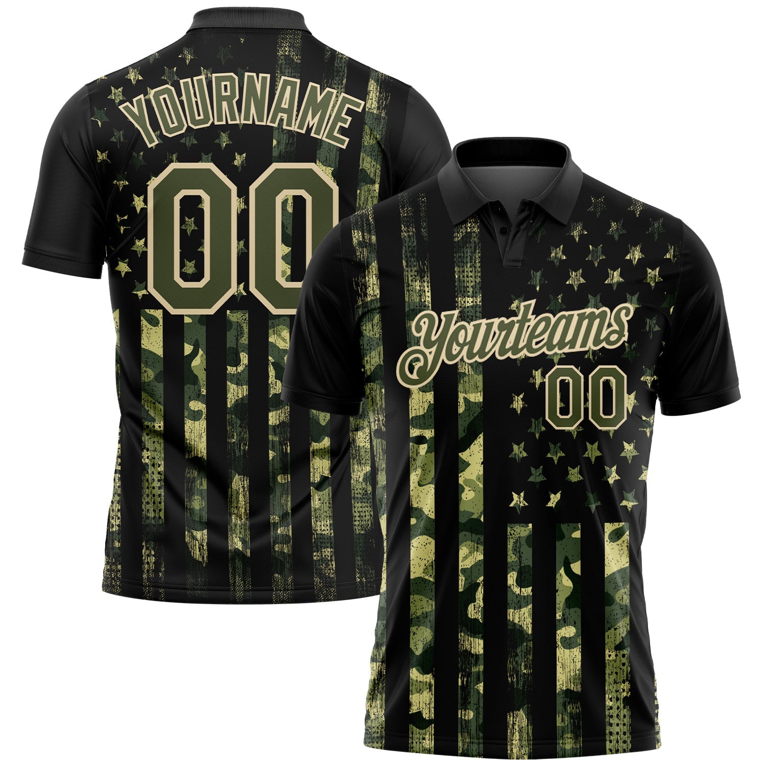 Custom Camo Olive-Cream 3D American Flag Performance Salute To Service Golf Polo Shirt - Main View