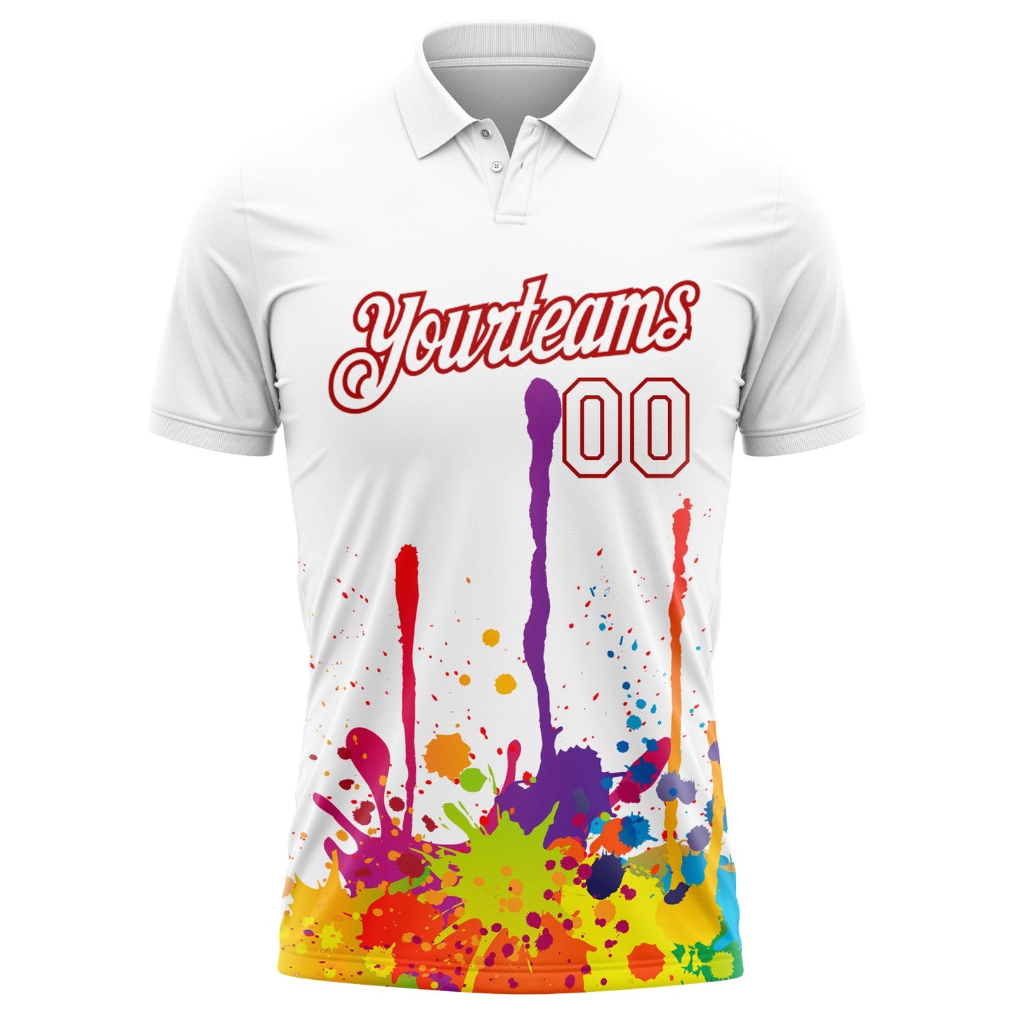 Custom White Red 3D Pattern Design Colorful Bright Ink Splashes Performance Golf Polo Shirt view 2