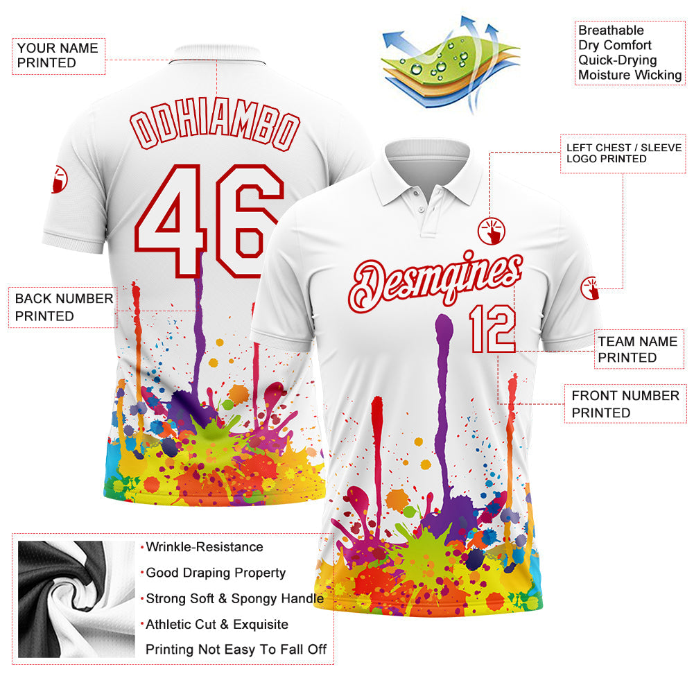 Custom White Red 3D Pattern Design Colorful Bright Ink Splashes Performance Golf Polo Shirt view 3