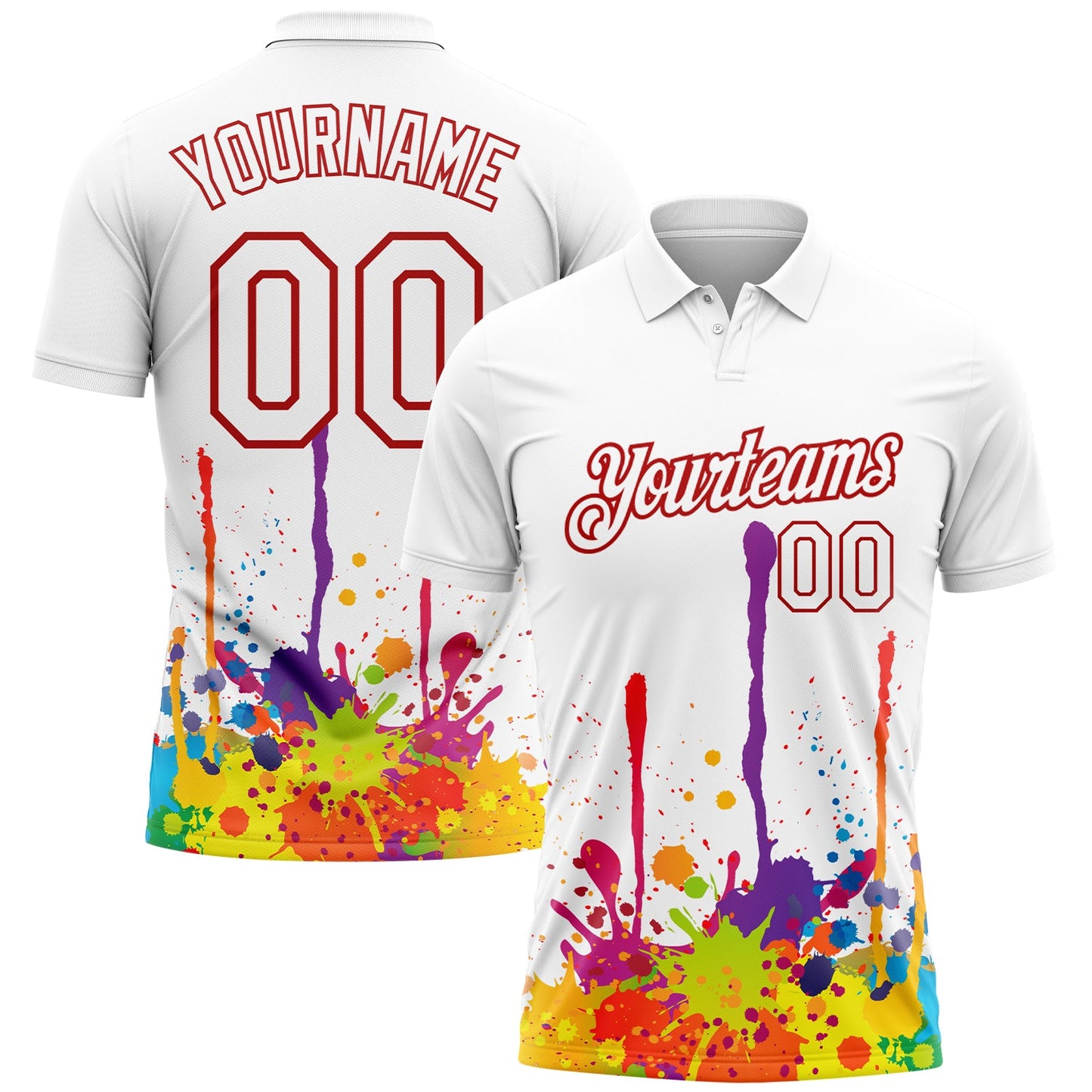 Custom White Red 3D Pattern Design Colorful Bright Ink Splashes Performance Golf Polo Shirt - Main View