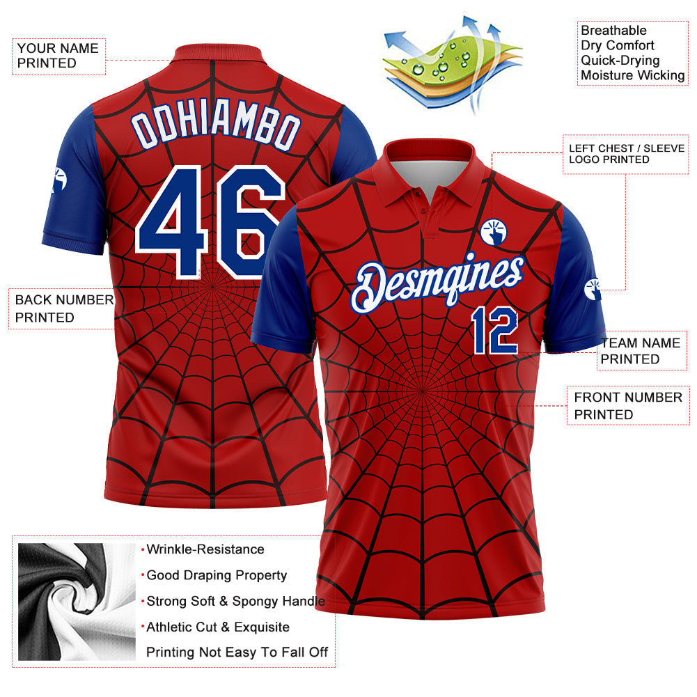 Custom Red Royal-White 3D Pattern Design Spider Web Performance Golf Polo Shirt view 3