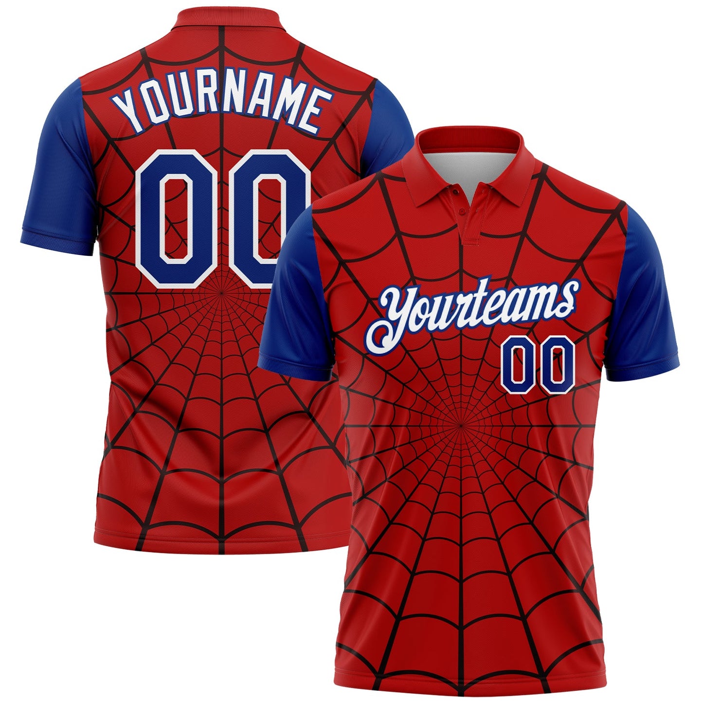 Custom Red Royal-White 3D Pattern Design Spider Web Performance Golf Polo Shirt - Main View