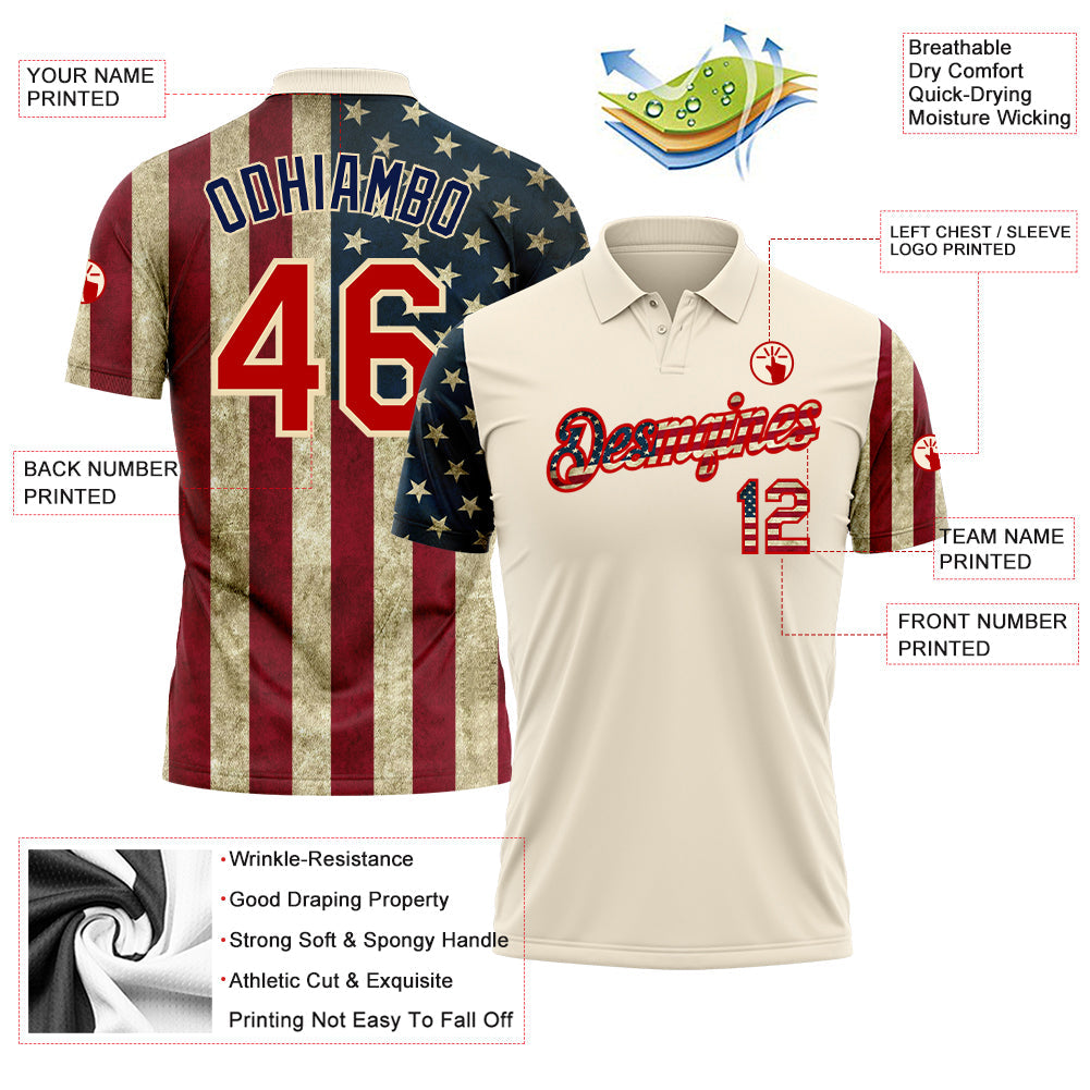 Custom Cream Red-Navy 3D American Flag Performance Golf Polo Shirt view 3