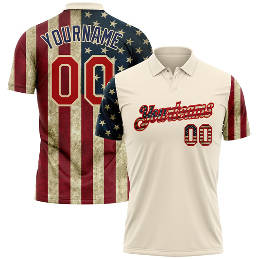 Custom Cream Red-Navy 3D American Flag Performance Golf Polo Shirt - Main View