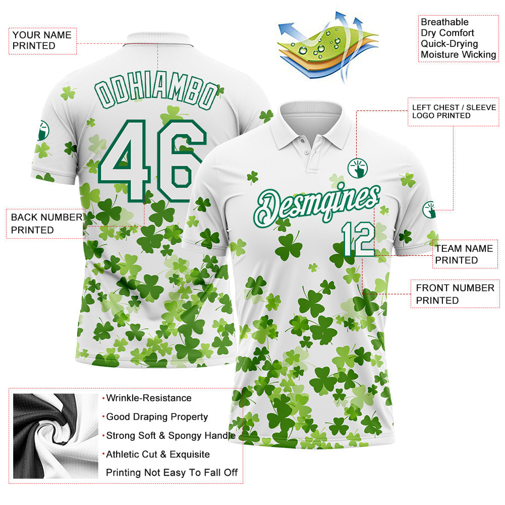 Custom White Kelly Green 3D Pattern Design St.Patrick's Day Performance Golf Polo Shirt view 3