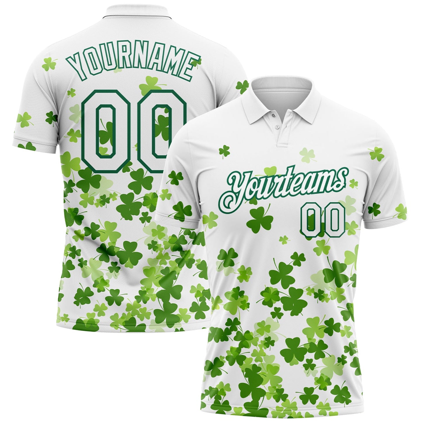 Custom White Kelly Green 3D Pattern Design St.Patrick's Day Performance Golf Polo Shirt - Main View
