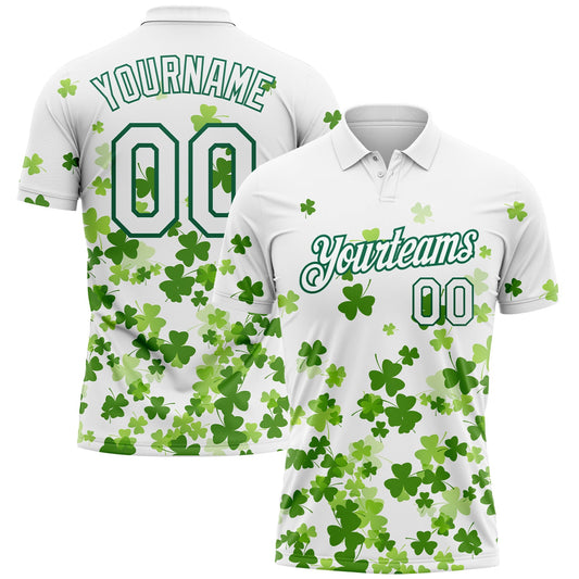 Custom White Kelly Green 3D Pattern Design St.Patrick's Day Performance Golf Polo Shirt - Main View