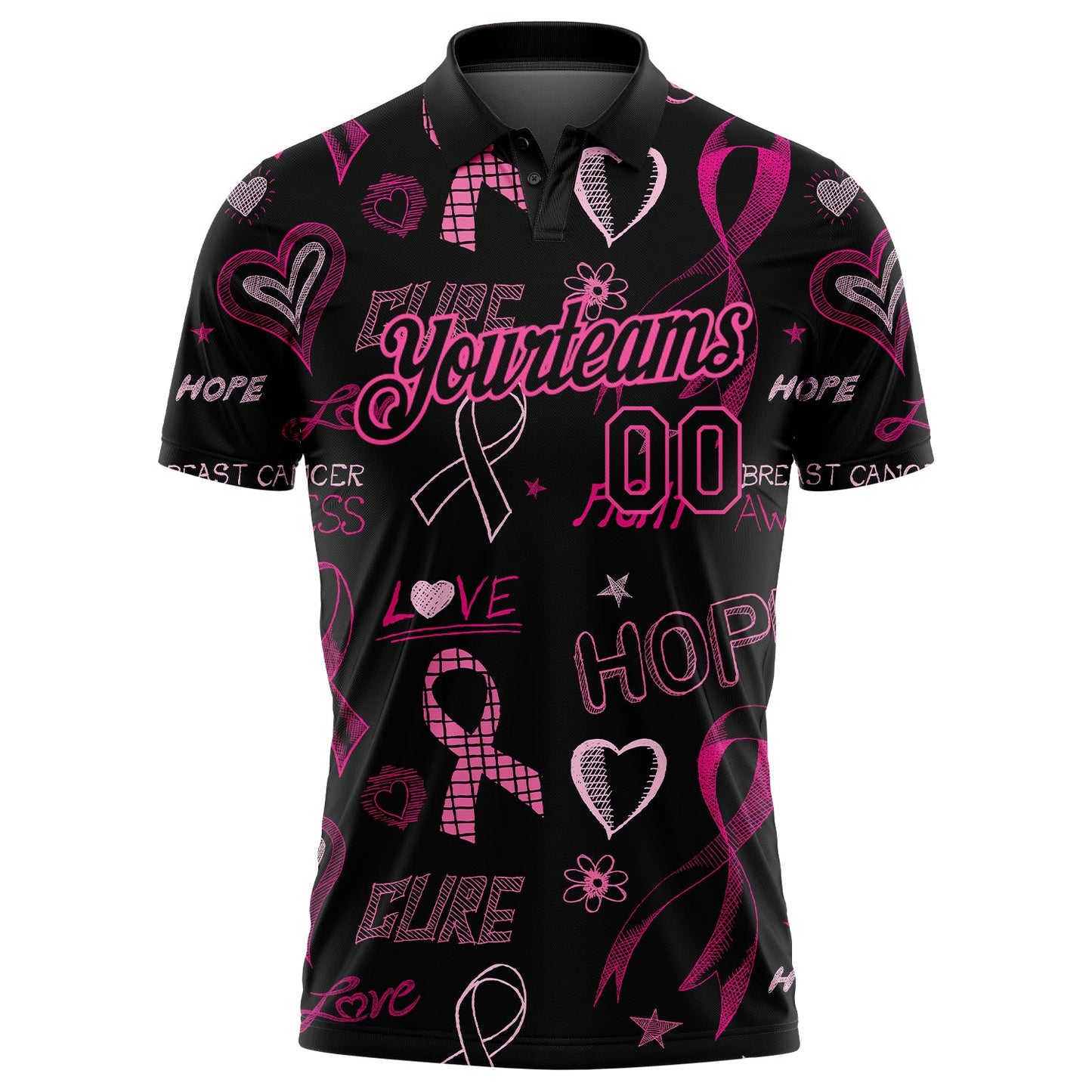 Custom Black Pink 3D Pattern Design Pink Ribbon Breast Cancer Awareness Month Women Health Care Support Performance Golf Polo Shirt view 2