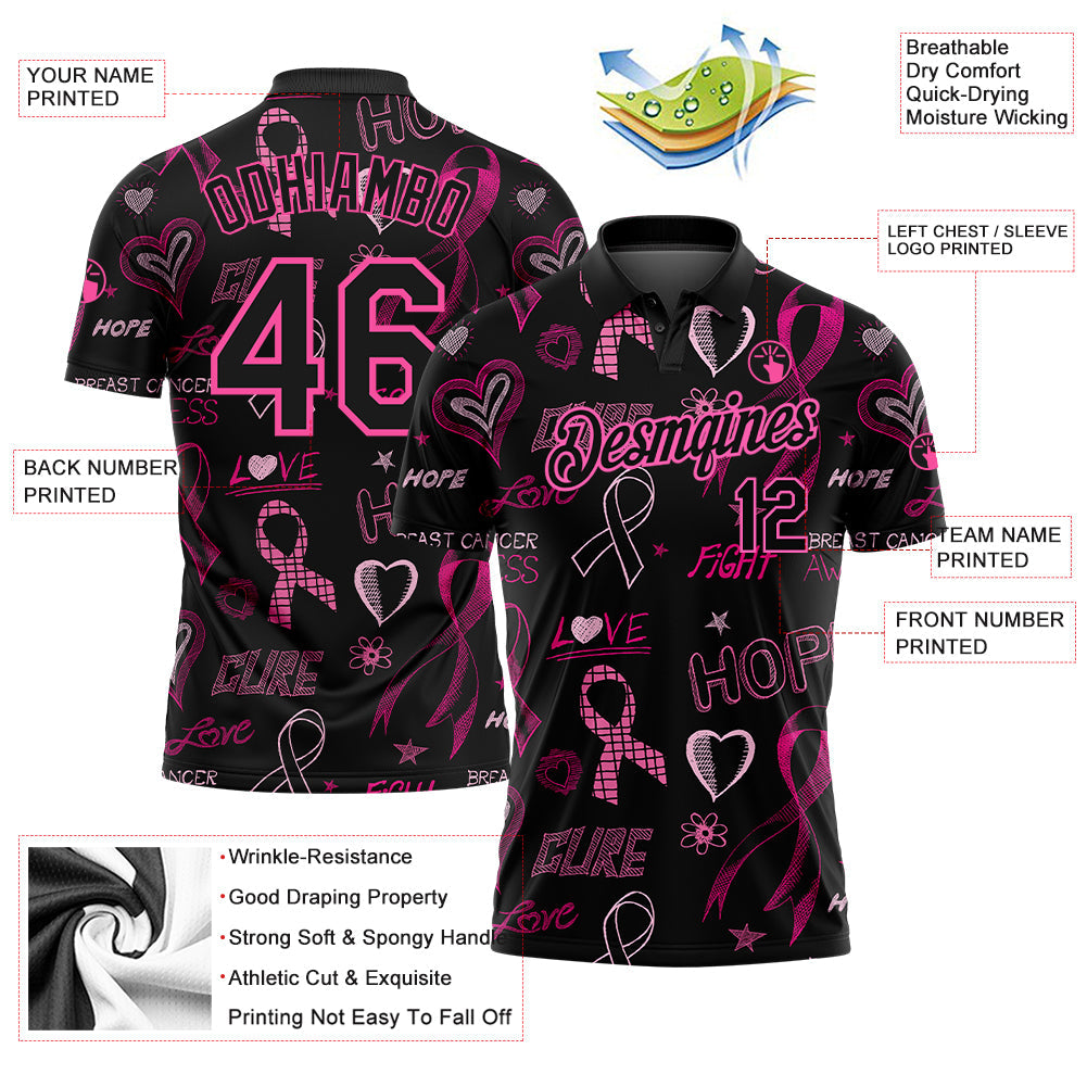Custom Black Pink 3D Pattern Design Pink Ribbon Breast Cancer Awareness Month Women Health Care Support Performance Golf Polo Shirt view 3