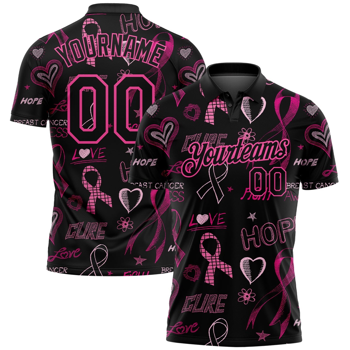Custom Black Pink 3D Pattern Design Pink Ribbon Breast Cancer Awareness Month Women Health Care Support Performance Golf Polo Shirt - Main View