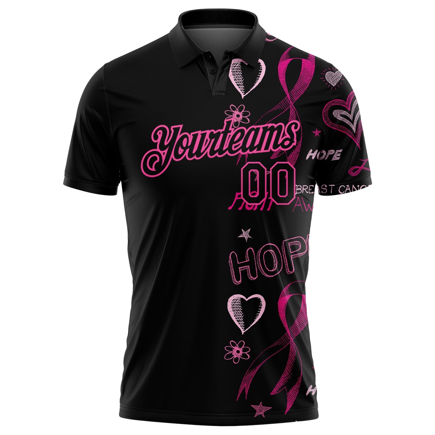 Custom Black Pink 3D Pattern Design Pink Ribbon Breast Cancer Awareness Month Women Health Care Support Performance Golf Polo Shirt view 2