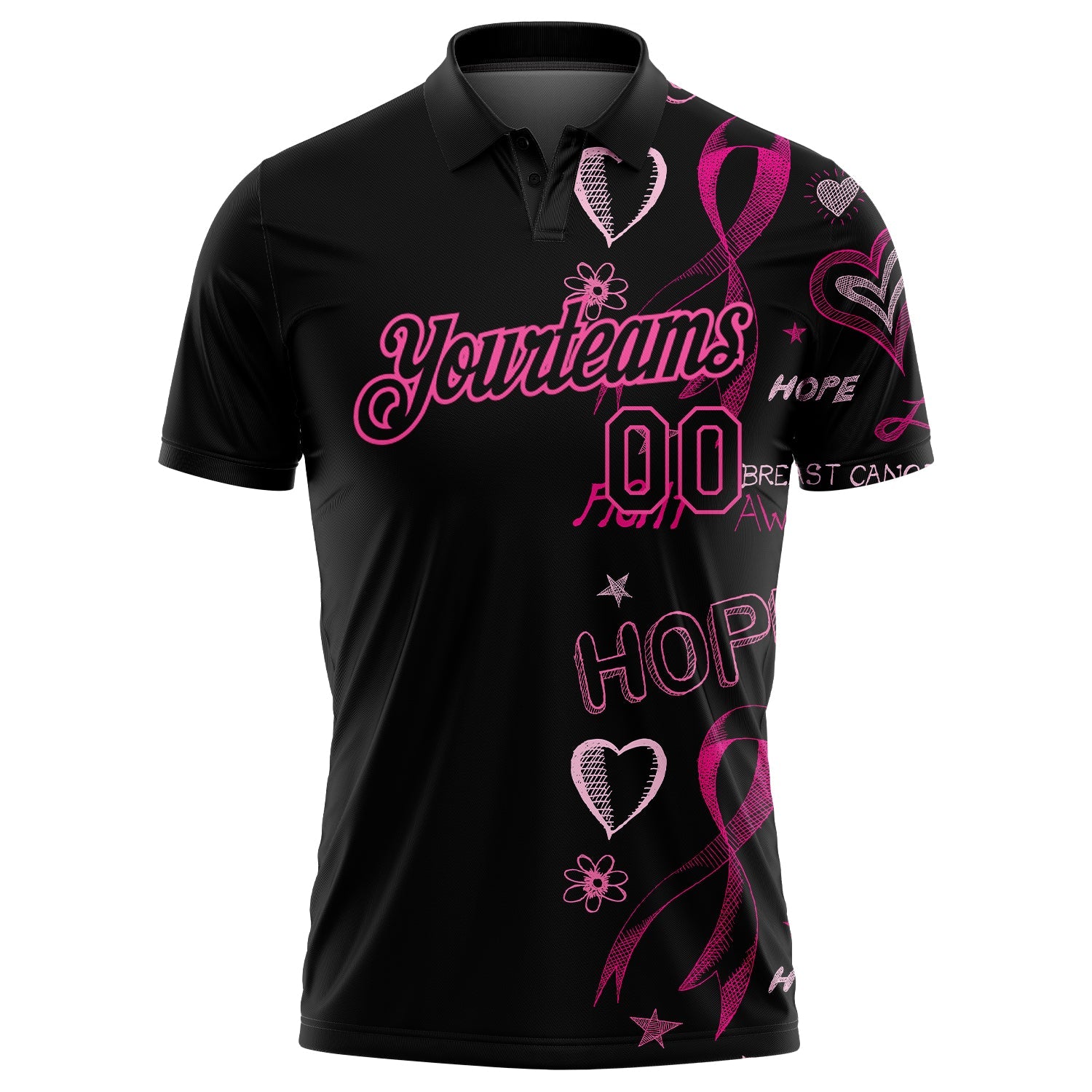 Custom Black Pink 3D Pattern Design Pink Ribbon Breast Cancer Awareness Month Women Health Care Support Performance Golf Polo Shirt view 2
