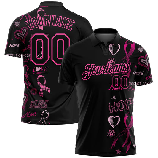 Custom Black Pink 3D Pattern Design Pink Ribbon Breast Cancer Awareness Month Women Health Care Support Performance Golf Polo Shirt - Main View