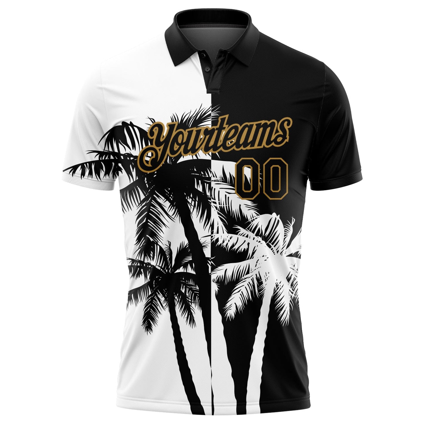 Custom Black White-Old Gold 3D Pattern Design Hawaii Coconut Trees Performance Golf Polo Shirt view 2