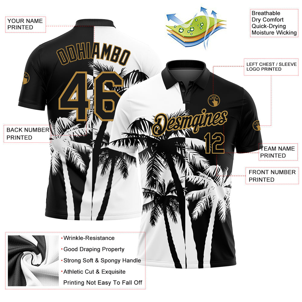 Custom Black White-Old Gold 3D Pattern Design Hawaii Coconut Trees Performance Golf Polo Shirt view 3