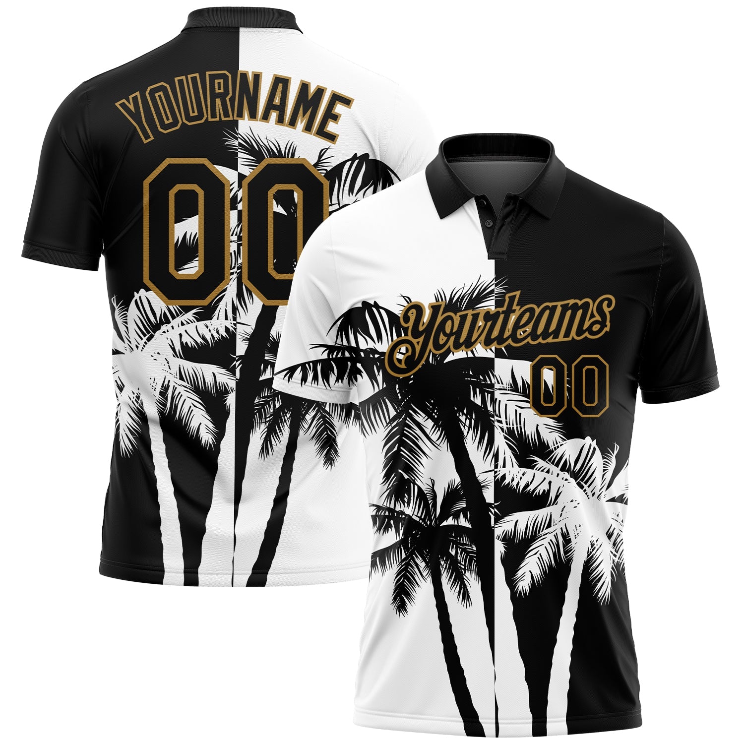 Custom Black White-Old Gold 3D Pattern Design Hawaii Coconut Trees Performance Golf Polo Shirt - Main View