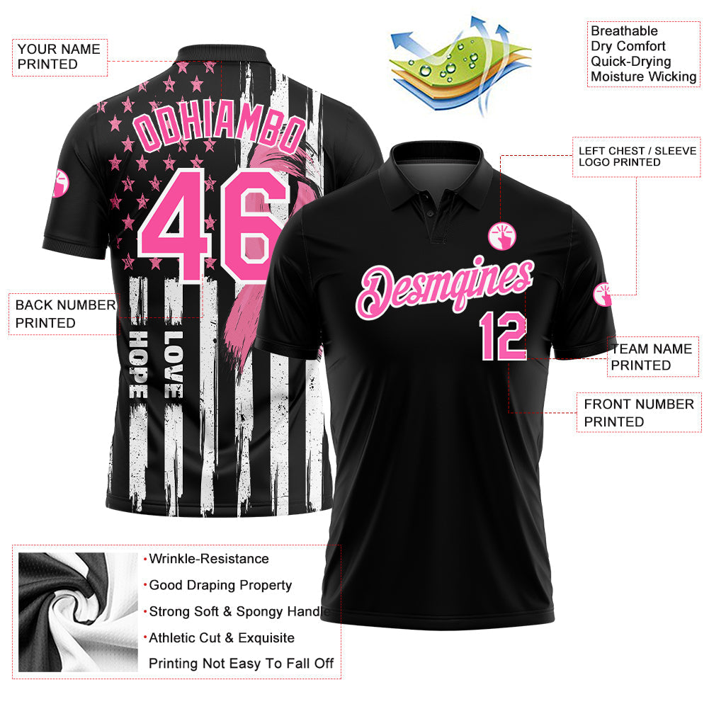 Custom Black Pink-White 3D American Flag With Pink Ribbon Breast Cancer Awareness Month Women Health Care Support Performance Golf Polo Shirt view 3