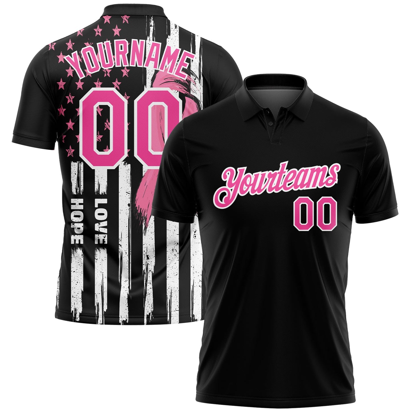 Custom Black Pink-White 3D American Flag With Pink Ribbon Breast Cancer Awareness Month Women Health Care Support Performance Golf Polo Shirt - Main View