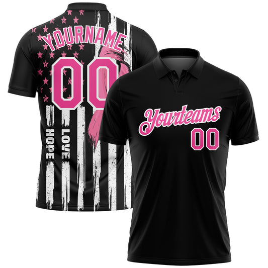 Custom Black Pink-White 3D American Flag With Pink Ribbon Breast Cancer Awareness Month Women Health Care Support Performance Golf Polo Shirt - Main View