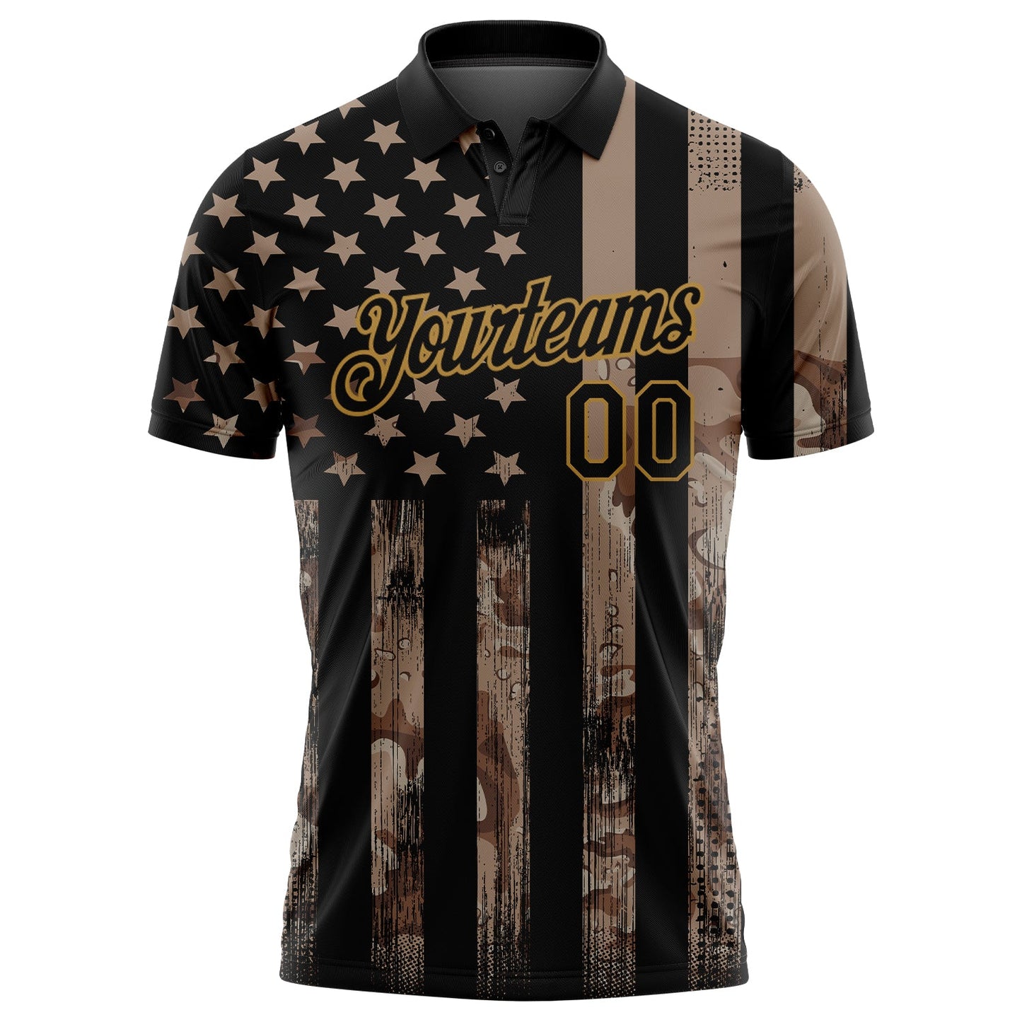 Custom Camo Black-Old Gold American Flag Performance Salute To Service Golf Polo Shirt view 2