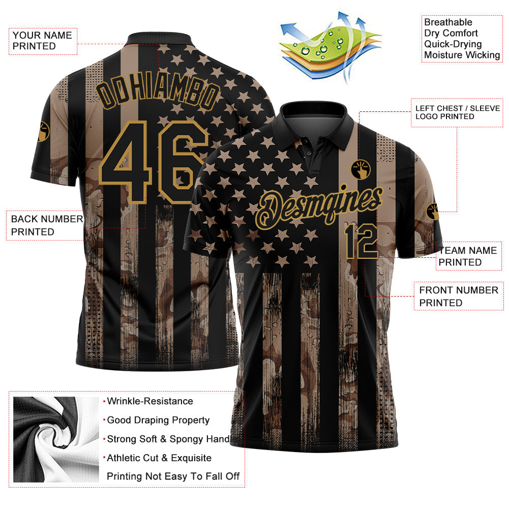 Custom Camo Black-Old Gold American Flag Performance Salute To Service Golf Polo Shirt view 3