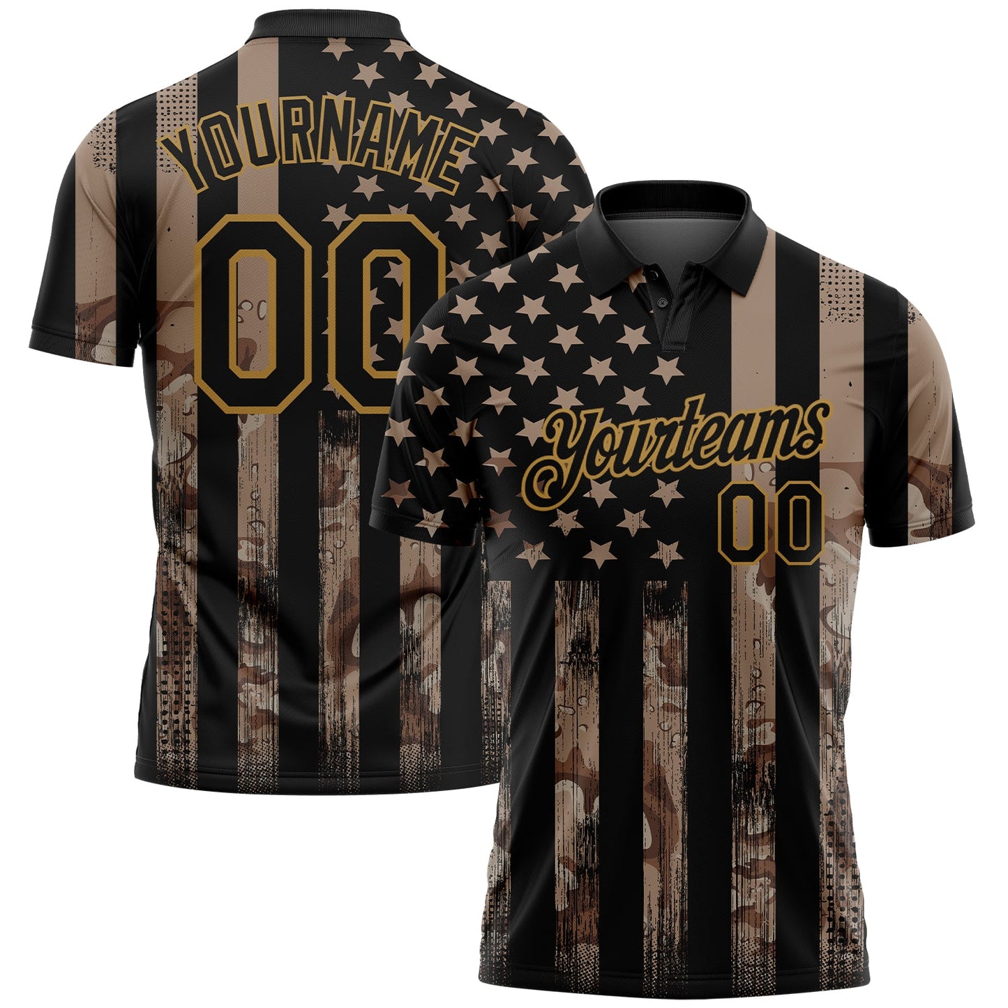 Custom Camo Black-Old Gold American Flag Performance Salute To Service Golf Polo Shirt - Main View