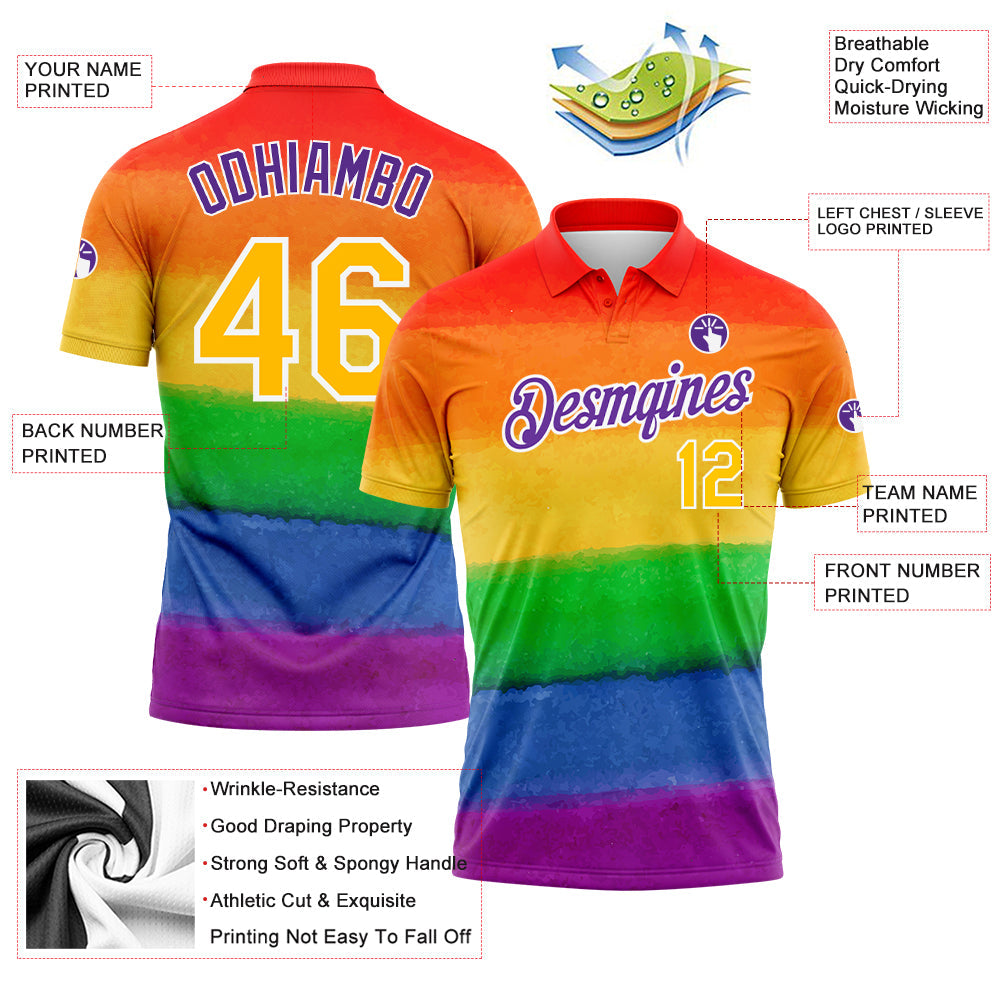 Custom Rainbow Gold-Purple 3D Pattern Design Pride Month Love Is Love LGBT Performance Golf Polo Shirt view 3