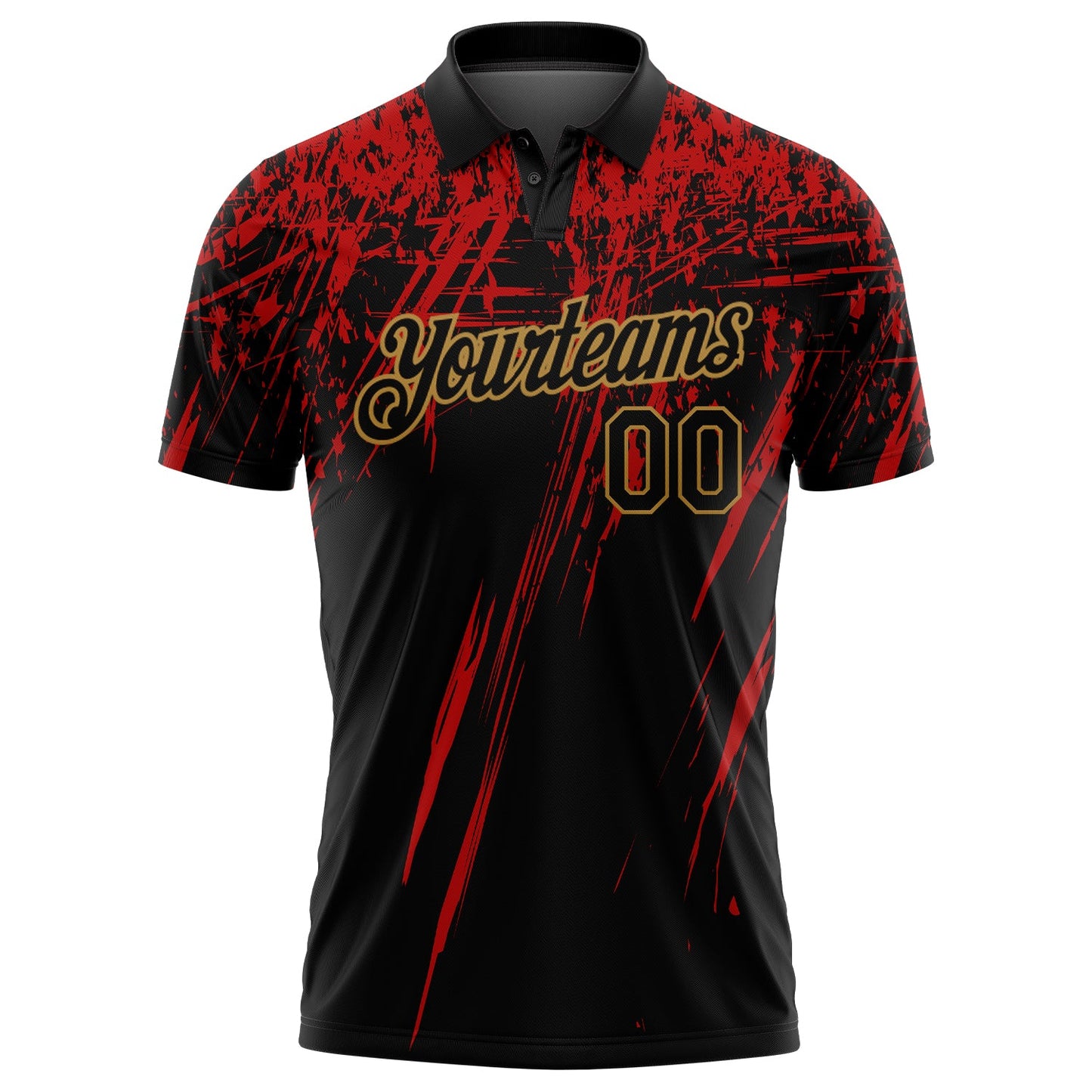 Custom Black Old Gold-Red 3D Pattern Design Sharp Shape Performance Golf Polo Shirt view 2