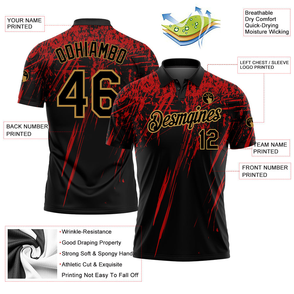 Custom Black Old Gold-Red 3D Pattern Design Sharp Shape Performance Golf Polo Shirt view 3