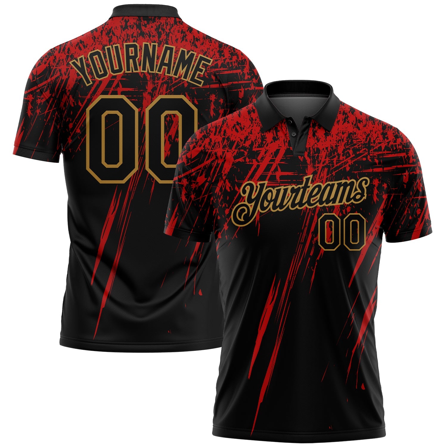 Custom Black Old Gold-Red 3D Pattern Design Sharp Shape Performance Golf Polo Shirt - Main View