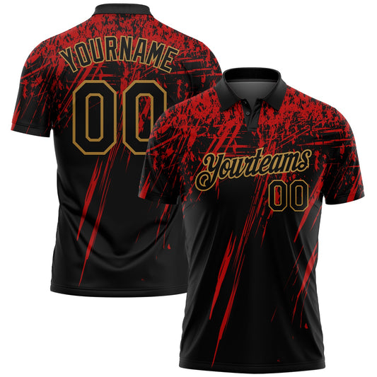 Custom Black Old Gold-Red 3D Pattern Design Sharp Shape Performance Golf Polo Shirt - Main View