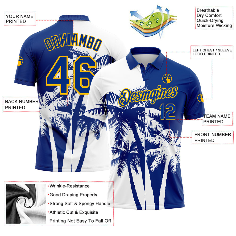 Custom White Royal-Gold 3D Pattern Design Hawaii Coconut Trees Performance Golf Polo Shirt view 3