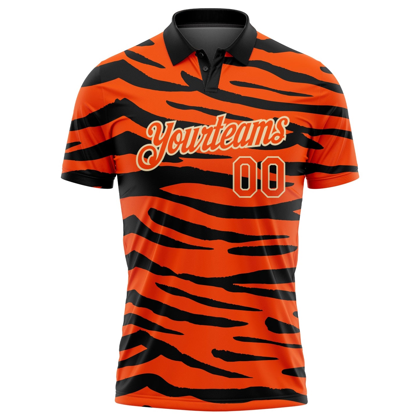 Custom Orange Cream-Black 3D Pattern Design Tiger Print Performance Golf Polo Shirt view 2