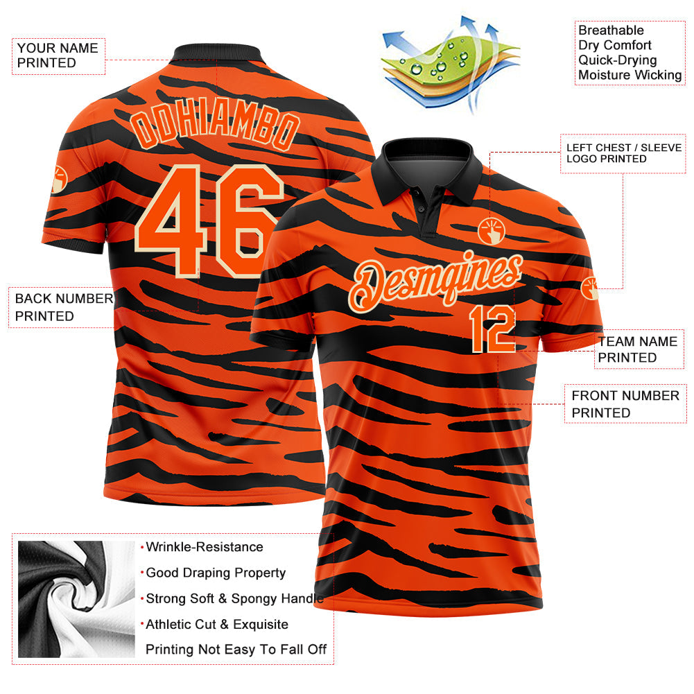 Custom Orange Cream-Black 3D Pattern Design Tiger Print Performance Golf Polo Shirt view 3