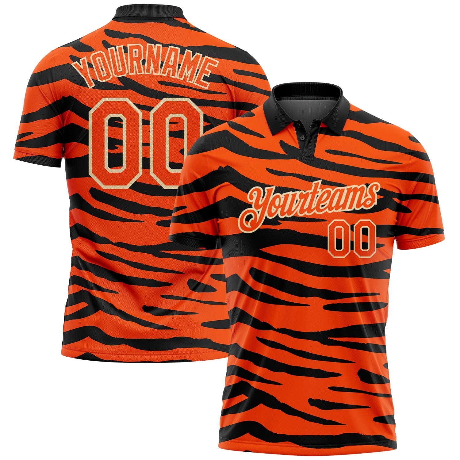 Custom Orange Cream-Black 3D Pattern Design Tiger Print Performance Golf Polo Shirt - Main View