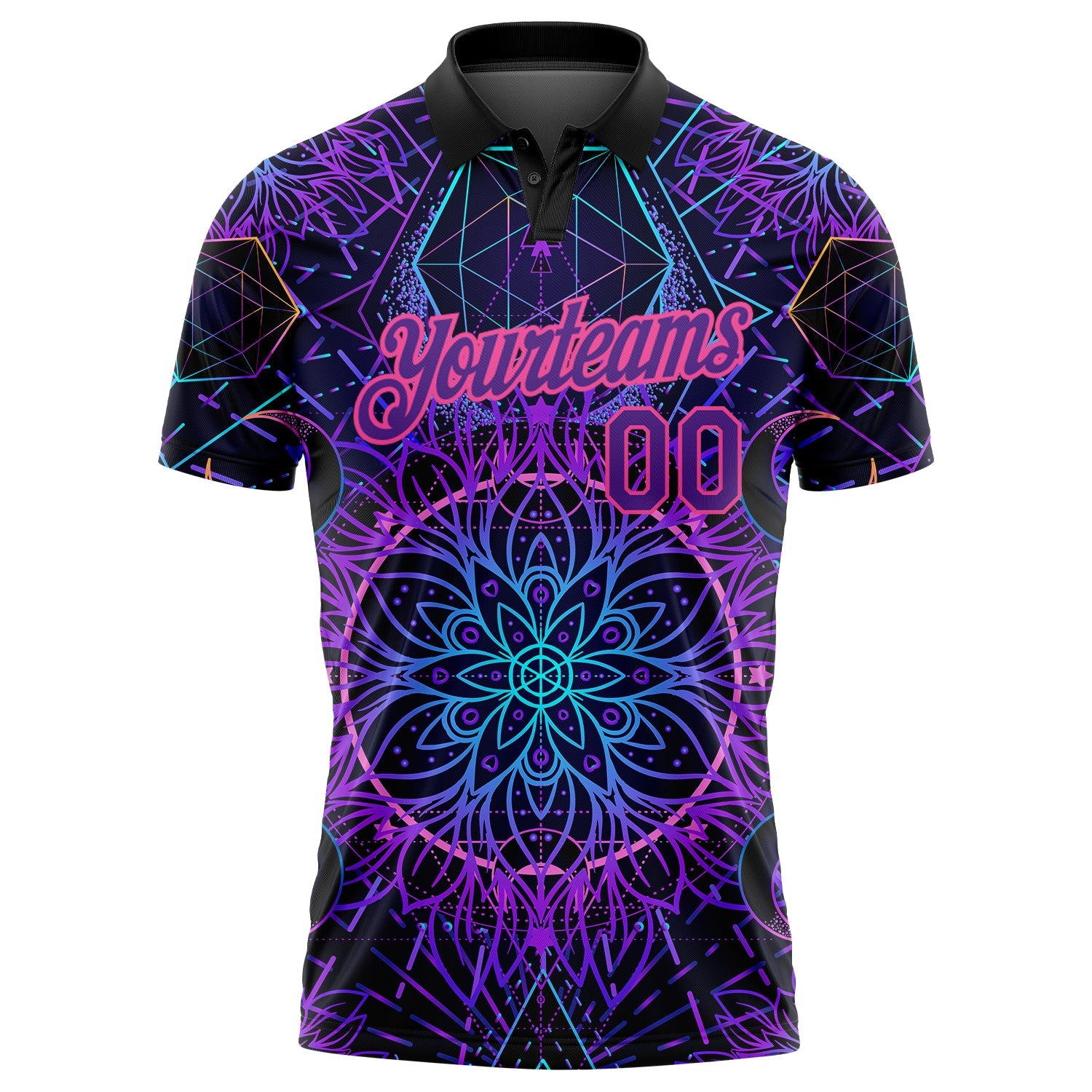 Custom Black Purple Pink 3D Pattern Design Magic Mushrooms Over Sacred Geometry Psychedelic Hallucination Performance Golf Polo Shirt view 2