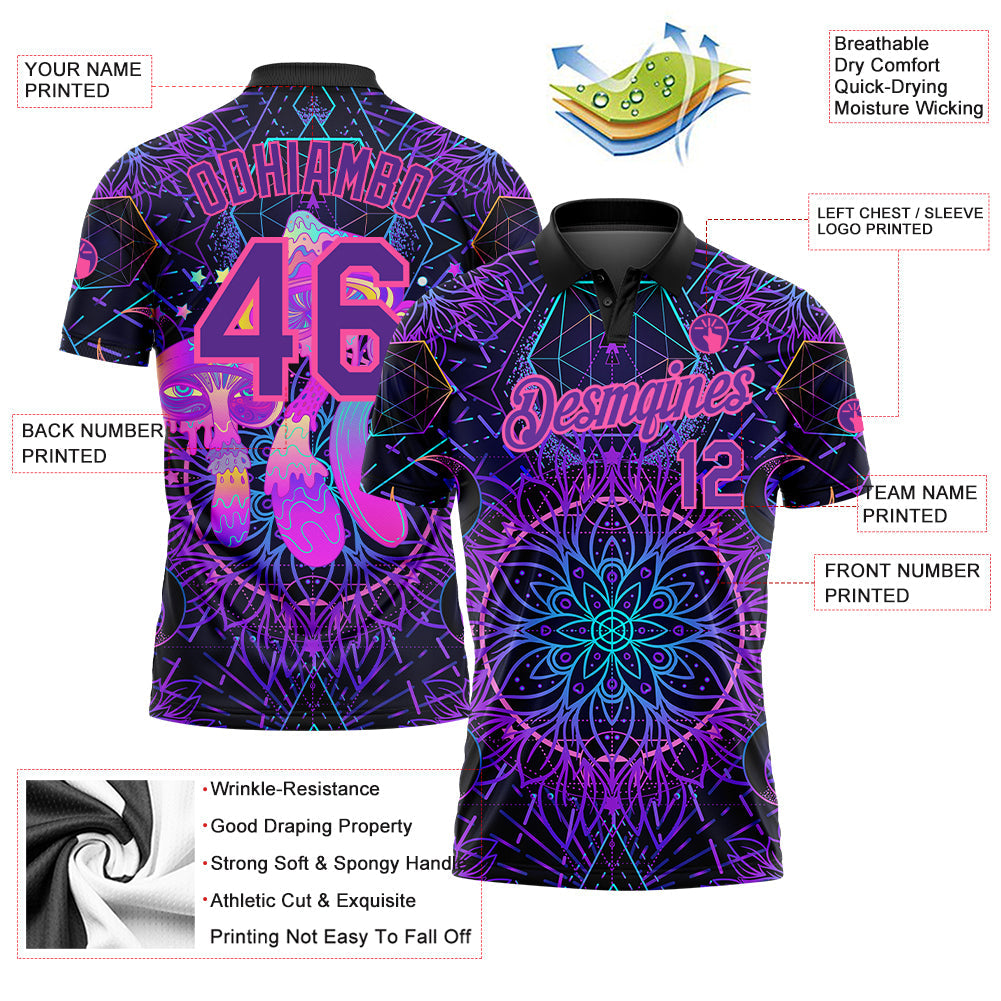 Custom Black Purple Pink 3D Pattern Design Magic Mushrooms Over Sacred Geometry Psychedelic Hallucination Performance Golf Polo Shirt view 3