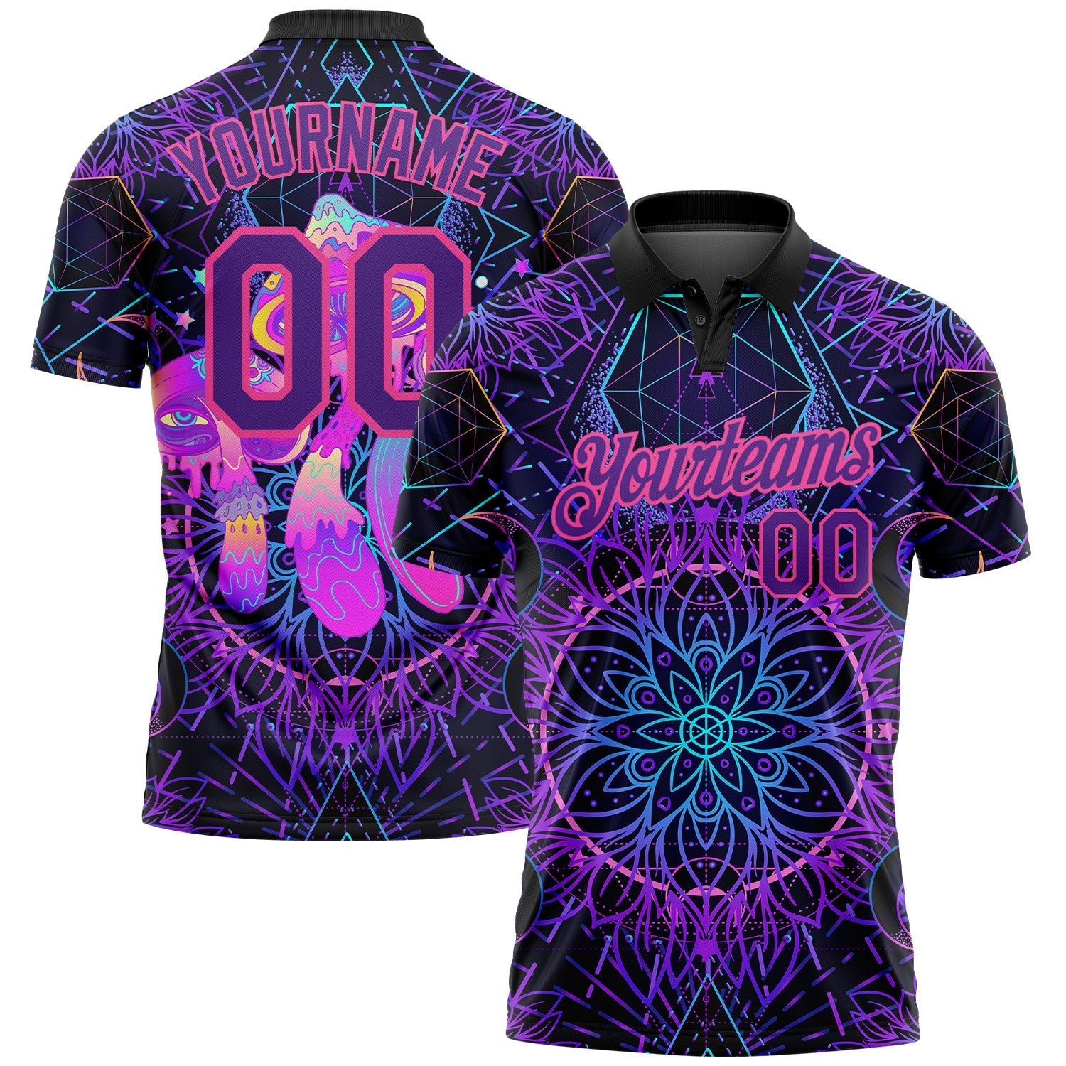 Custom Black Purple Pink 3D Pattern Design Magic Mushrooms Over Sacred Geometry Psychedelic Hallucination Performance Golf Polo Shirt - Main View